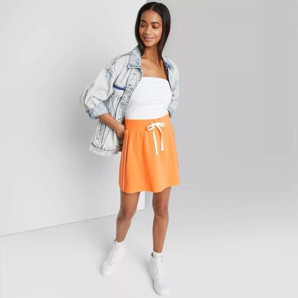 Wild Fable Active Skirt L Orange Mini Knit Tennis ALine Sports Stripe Drawstring - Picture 9 of 11